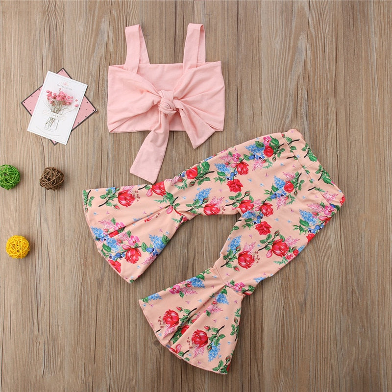 Kids Baby Girls clothes off shoulder strap solid sleeveless Tops Flower print Pants 2pc cotton casual Summer Clothes - ebowsos