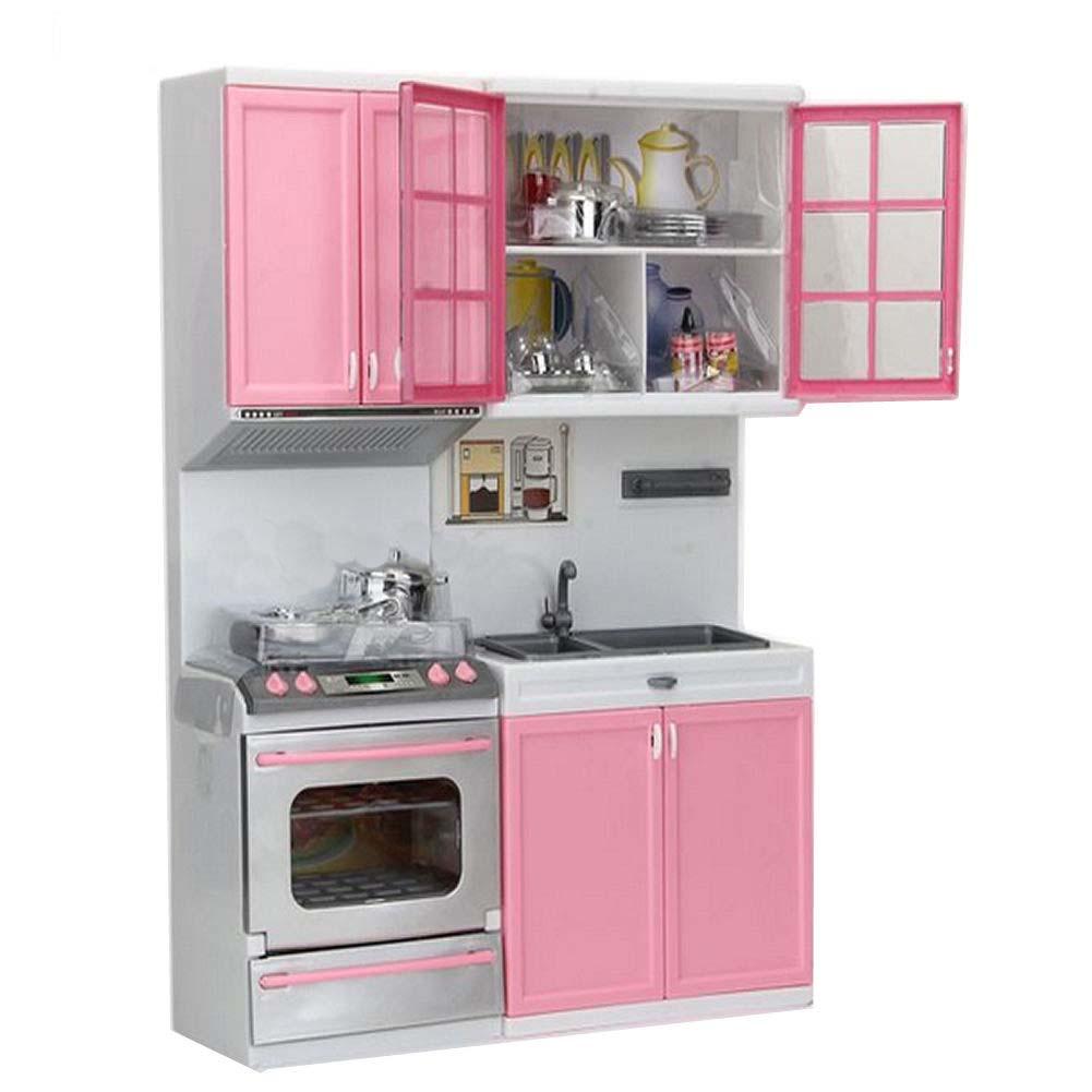Kids Children Kitchen Cook Cabinet Cool Pretend Play Pink Cookware Stove Toy-ebowsos
