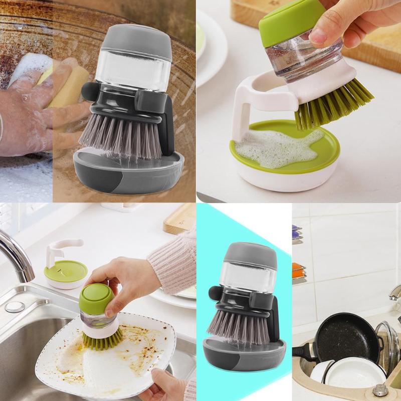 Kitchen Cleaning Brush Utensils Dish Pot Home Wash Up Bracket Easy Place Soft Comfortable Non-slip with Liquid Soap Dispenser - ebowsos