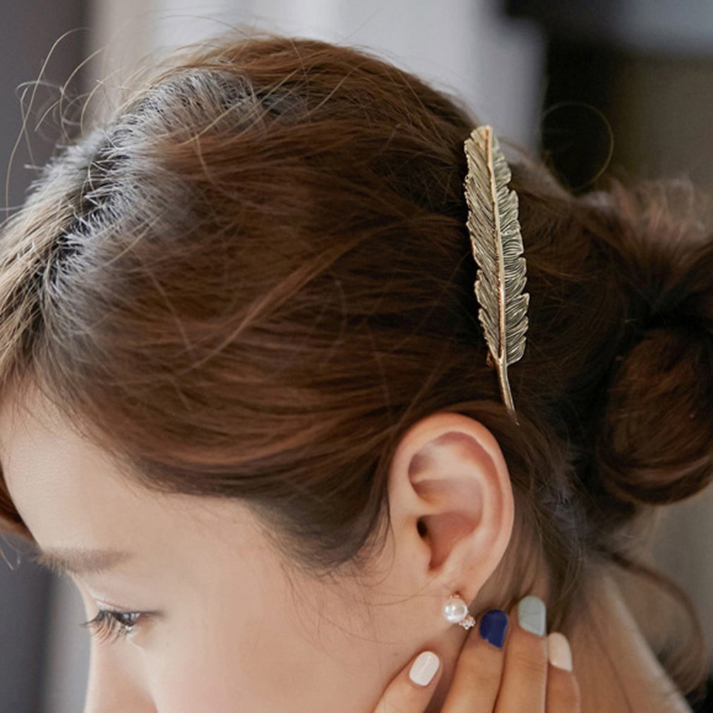 Korean Headwear Alloy Feather Leaf Hairpin Side Clip Pony Tail Clip - ebowsos
