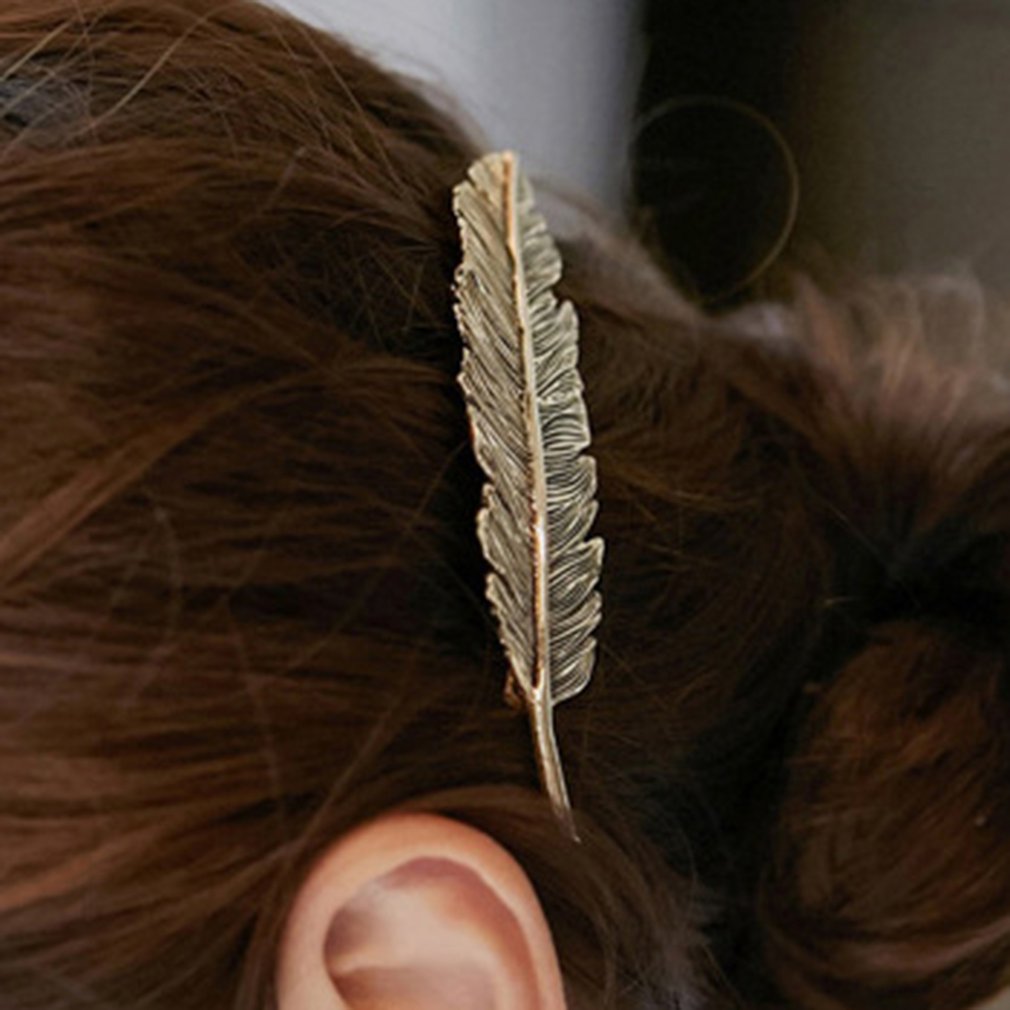 Korean Headwear Alloy Feather Leaf Hairpin Side Clip Pony Tail Clip - ebowsos