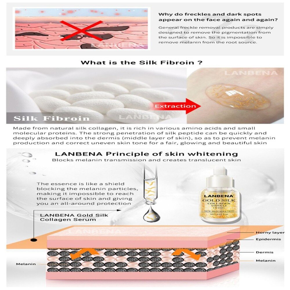 LANBENA Gold Silk Collagen Ampoule Essence Freckle Removing Whitening Firming Anti-Wrinkle Anti Aging Skin Care Serum Essence - ebowsos