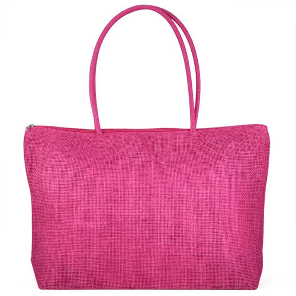 Ladies Straw Weaving Summer Beach Tote Zippered Bag - rose red - ebowsos