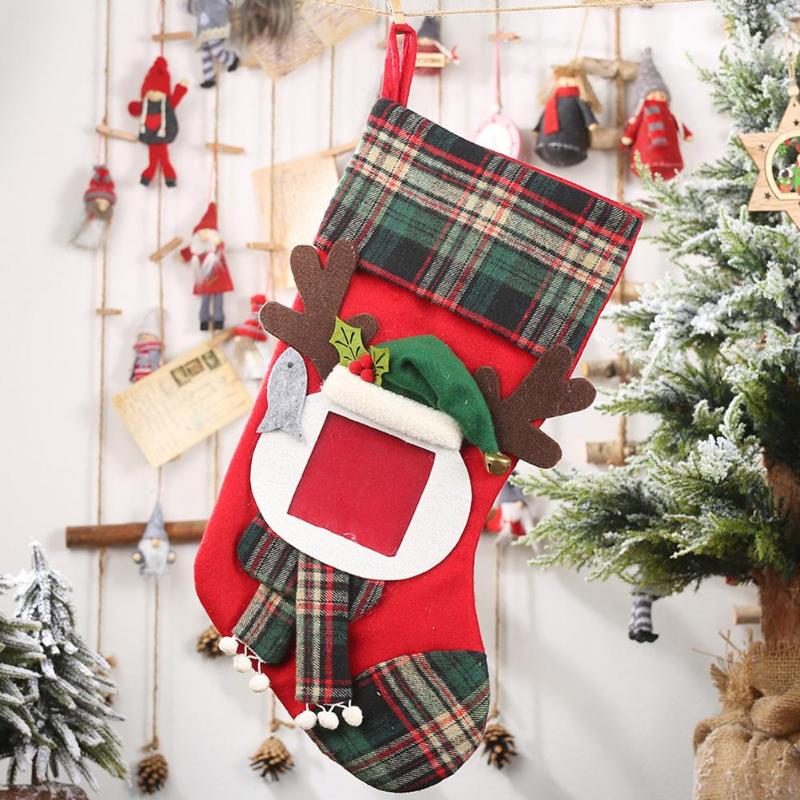 Large Christmas Candy Stocking Non-Woven Plaid Sugar Gift Bag Pouch Party Decor Large Internal Capacity Rope Pulling Control - ebowsos