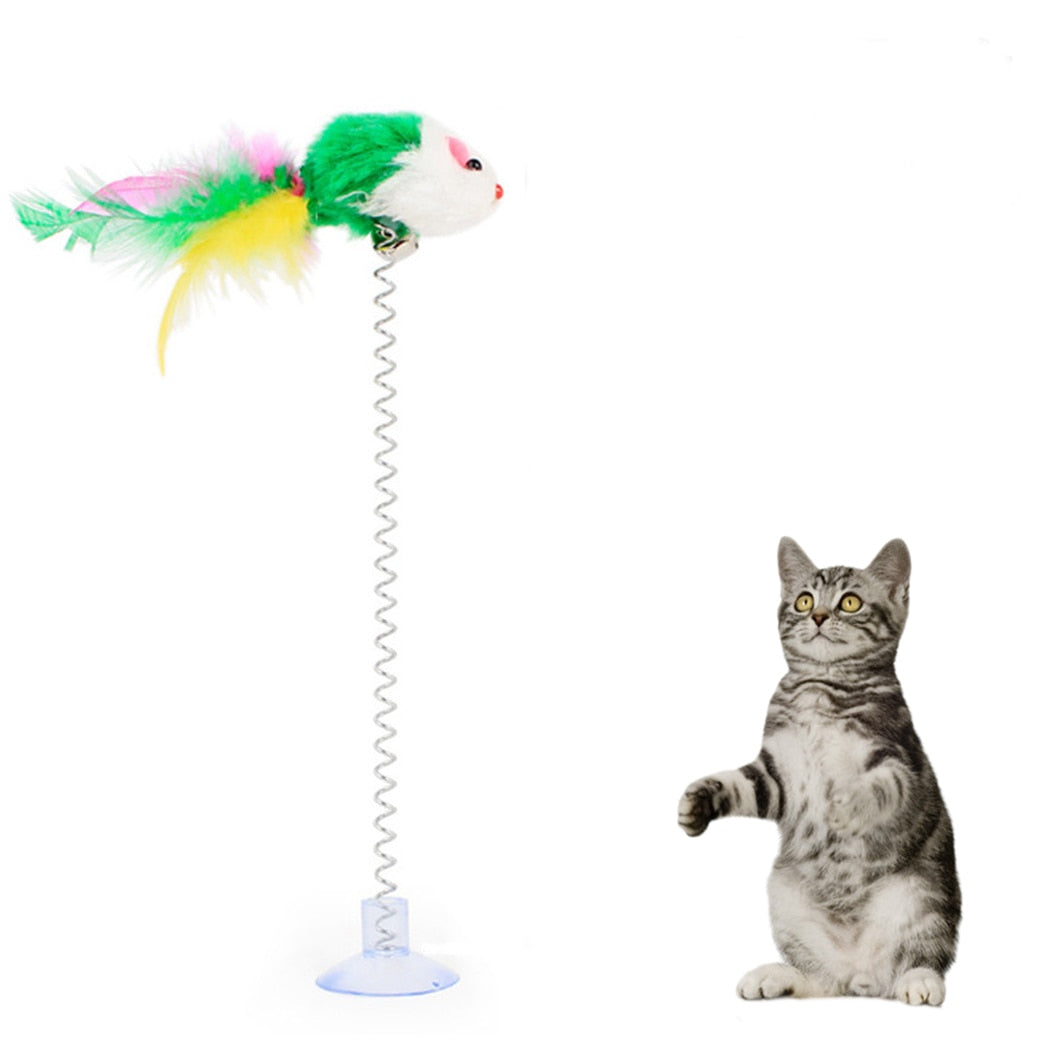 1Pc Cat Toy Funny Interactive Suction Spring Cat Toy Cat Feather Wand Cat Teaser Pet Supplies Cat Favor Random Color-ebowsos