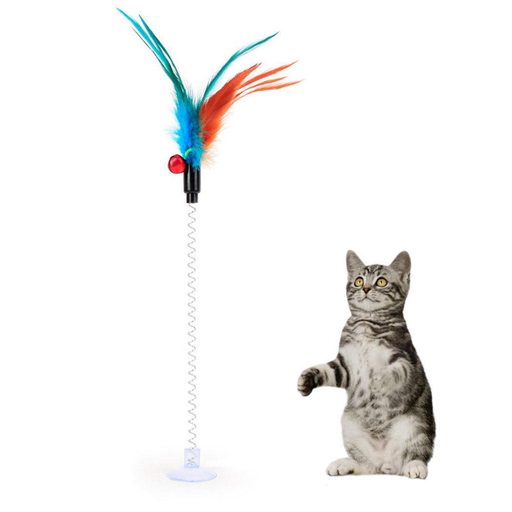 1Pc Cat Toy Funny Interactive Suction Spring Cat Toy Cat Feather Wand Cat Teaser Pet Supplies Cat Favor Random Color-ebowsos