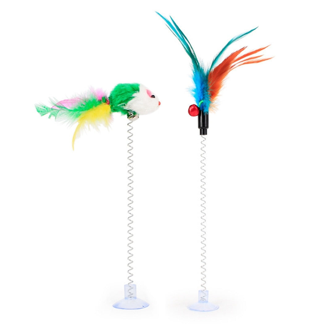 1Pc Cat Toy Funny Interactive Suction Spring Cat Toy Cat Feather Wand Cat Teaser Pet Supplies Cat Favor Random Color-ebowsos