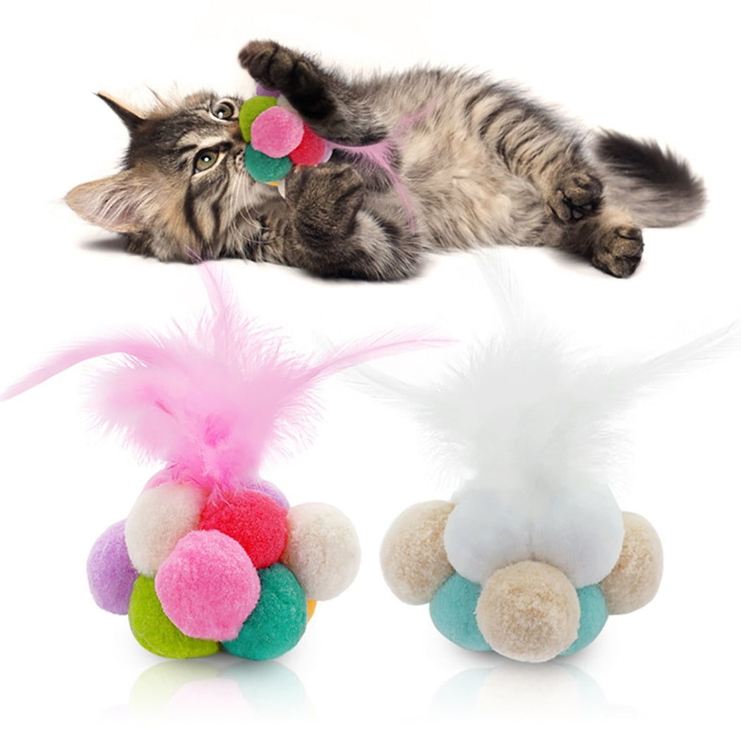 1Pc Funny Cat Toys Fashion Creative Cute Plush Ball Faux Feather Bell Cat Chew Toy Pet Toy Cat Supplies-ebowsos