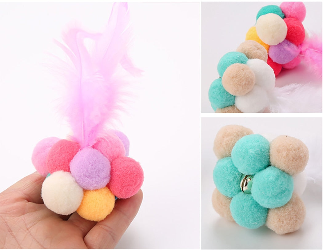 1Pc Funny Cat Toys Fashion Creative Cute Plush Ball Faux Feather Bell Cat Chew Toy Pet Toy Cat Supplies-ebowsos