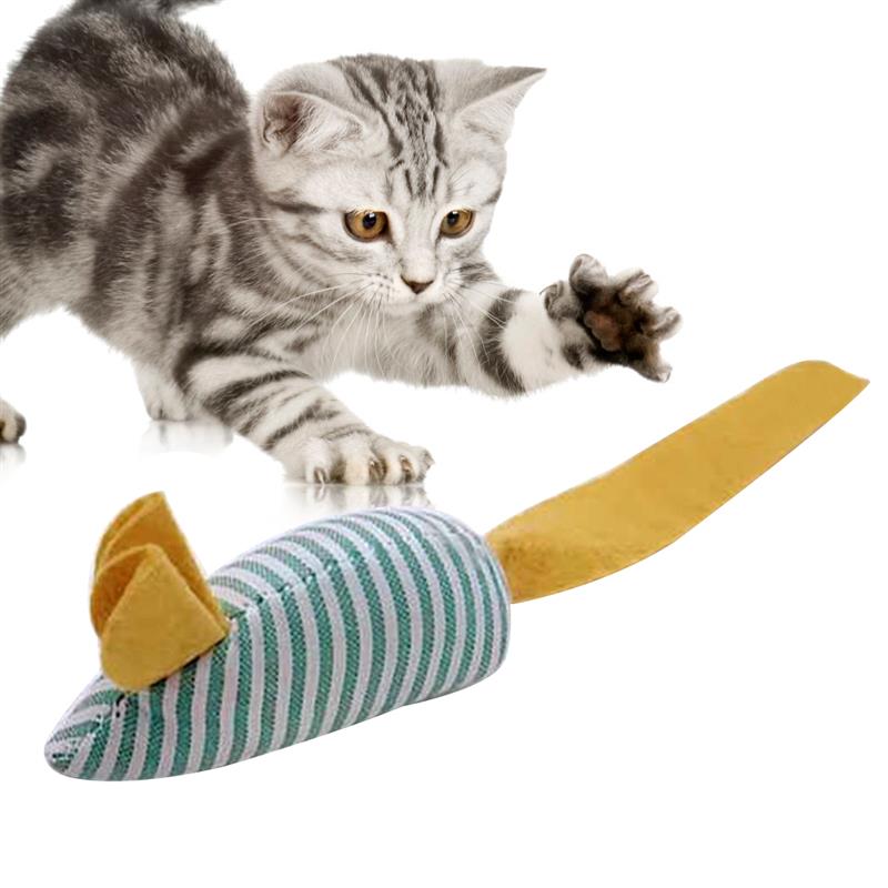 1pc Cat Toy Creative Stripe Plush Mouse Shape Toy Pet Interactive Toys Cat Bite Toys Pet Supplies Random Color-ebowsos