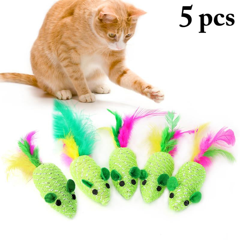 5pcs/set Cat Feather Toys Creative Lovely Braided Sound Mouse Shape Pet Toy Cat Play Toy Pet Supplies Cat Favors-ebowsos