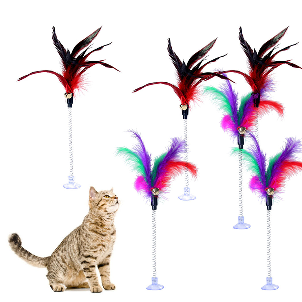 6PCS Funny Cat Toy Spring Sucker Fake Feather Pet Interactive Toy Cat Teaser With Bell Pet Supplies-ebowsos
