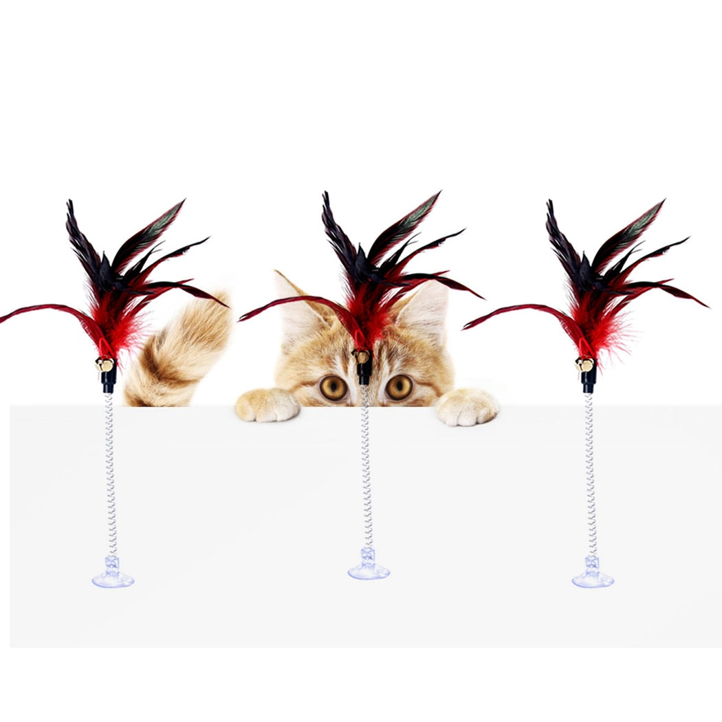 6PCS Funny Cat Toy Spring Sucker Fake Feather Pet Interactive Toy Cat Teaser With Bell Pet Supplies-ebowsos