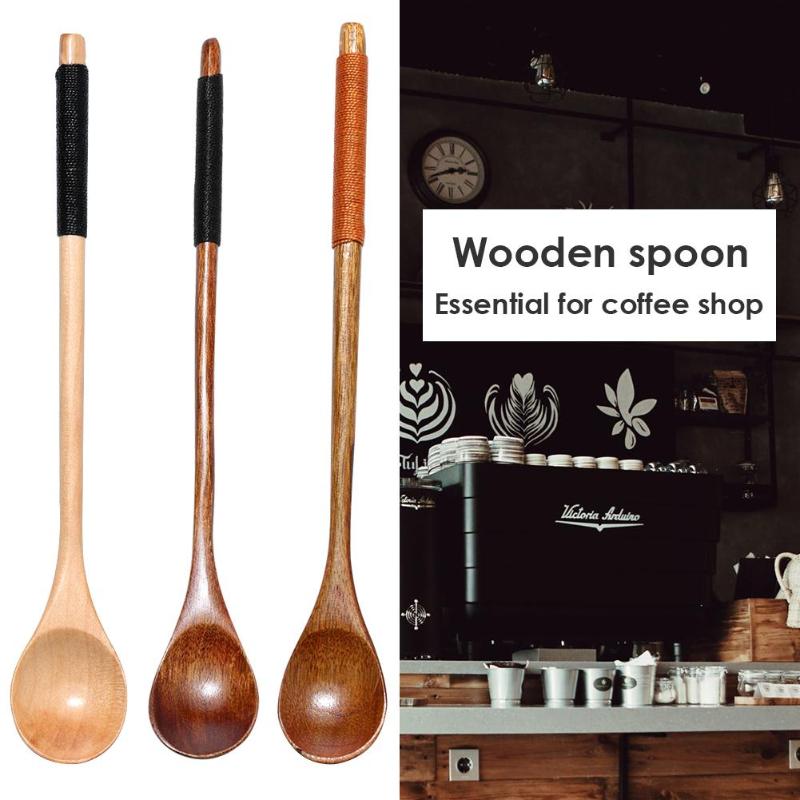 Long Handle Spoon Wood Rice Soup Dessert Coffee Tea Mixing Kitchen Tools Wrapping Round Handle Stirring Spoon Cooking Utensil - ebowsos