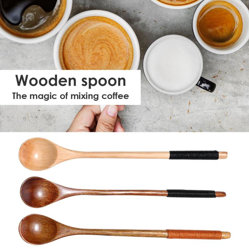 Long Handle Spoon Wood Rice Soup Dessert Coffee Tea Mixing Kitchen Tools Wrapping Round Handle Stirring Spoon Cooking Utensil - ebowsos