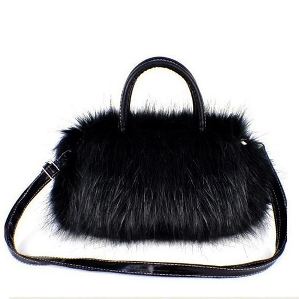 Lovely Fur Leather Handbag Shoulder Bag Winter Black - ebowsos