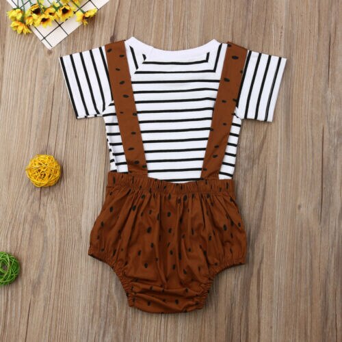 Lovely Infant Kids Baby Boys Girls 2PCS Clothes Sets Stripe T-shirt+Bear Bib Pant Overalls Outfits - ebowsos