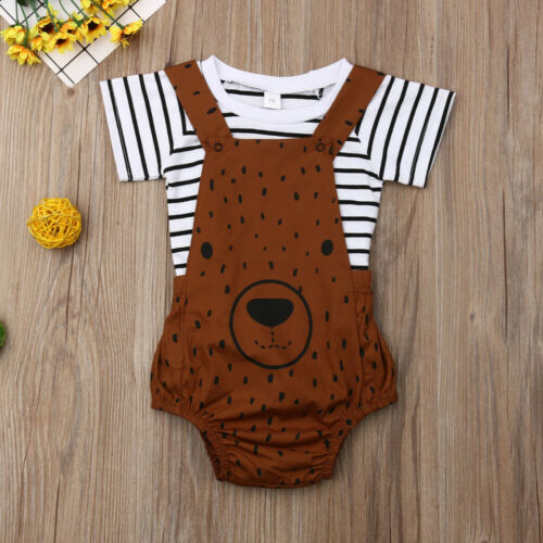 Lovely Infant Kids Baby Boys Girls 2PCS Clothes Sets Stripe T-shirt+Bear Bib Pant Overalls Outfits - ebowsos