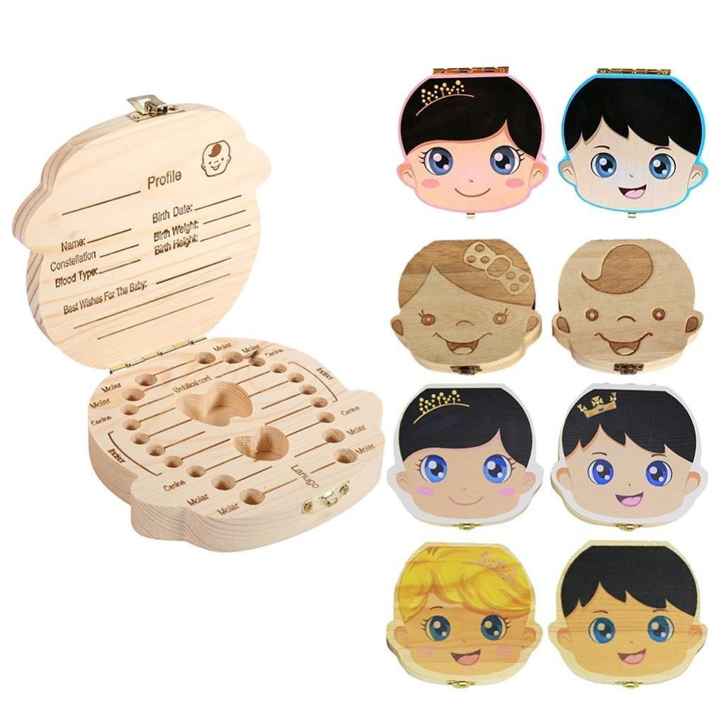 Lovely Wooden Kids Tooth Box Wooden Boy Girl Save Milk Teeth Collection Organizer in Spanish English French Russian-ebowsos