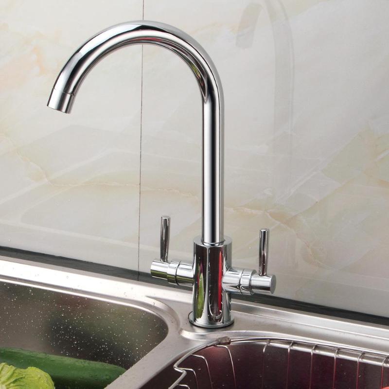 Luxury Modern Chrome Twin Lever Swivel Spout Monobloc Kitchen Sink Mixer Tap - ebowsos