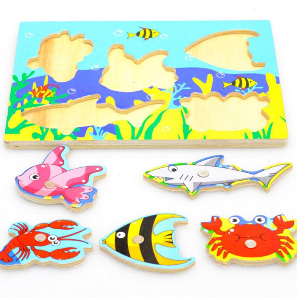 Magnetic Fishing Toy Fishing Game & Jigsaw Puzzle Board Juguetes Fish Magnet Wooden Fishing Educational Toys Drop Shipping-ebowsos