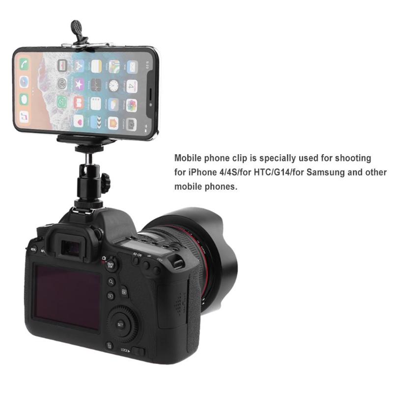 Metal Hot Shoe Pan Tilt Universal Ball Head+Phone Holder Selfie Clip Mount Mobile Phone Stand - ebowsos