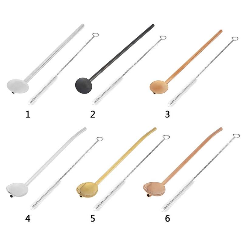 Metal Straw Creative Stainless Steel Bar Drinking Straw Spoon with Cleaning Brush Kit Mate Drink - ebowsos
