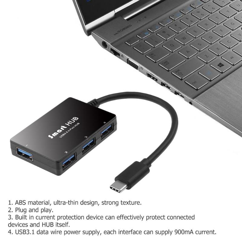 Mirror Surface USB C USB3.1 Type-C to 4 Ports USB3.0 Hub Cable Adapter - ebowsos