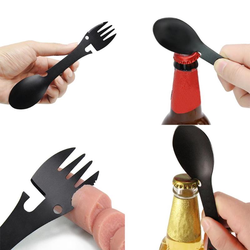 Multifunction 5 in 1 Portable Fork Shape Bottle Openers Outdoor Camping Tool Knife Spoon Cookware Stainless Steel Opener Gadget - ebowsos