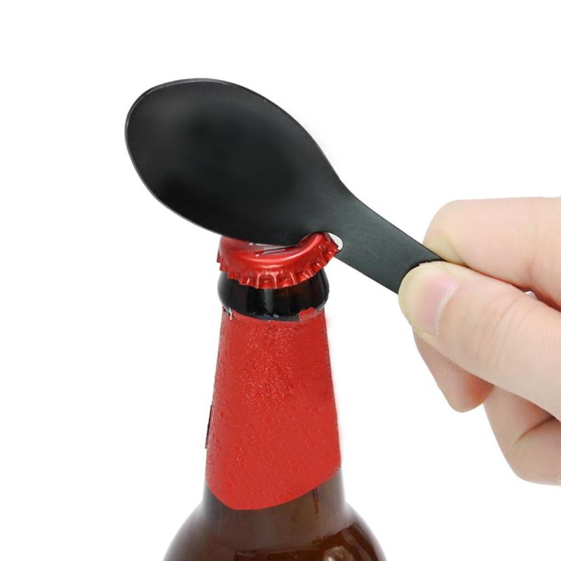 Multifunction 5 in 1 Portable Fork Shape Bottle Openers Outdoor Camping Tool Knife Spoon Cookware Stainless Steel Opener Gadget - ebowsos