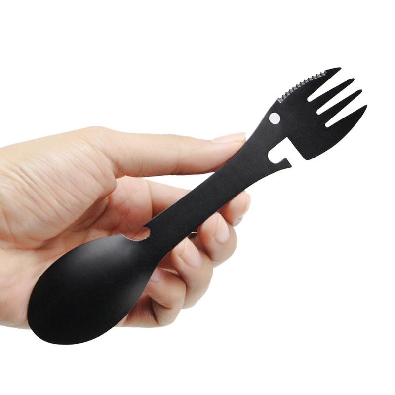 Multifunction 5 in 1 Portable Fork Shape Bottle Openers Outdoor Camping Tool Knife Spoon Cookware Stainless Steel Opener Gadget - ebowsos