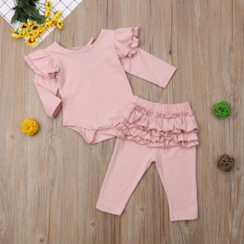 New 0-18 Newborn Infant Baby Girls Clothes 2PCS Ruffles Long Sleeve Pink Romper Tops+Layered Elastic Waist Pants - ebowsos