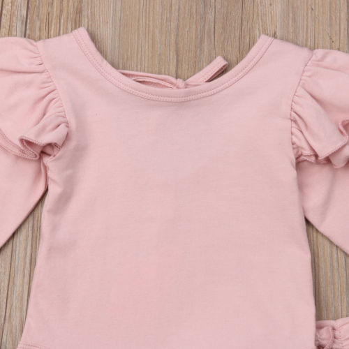New 0-18 Newborn Infant Baby Girls Clothes 2PCS Ruffles Long Sleeve Pink Romper Tops+Layered Elastic Waist Pants - ebowsos