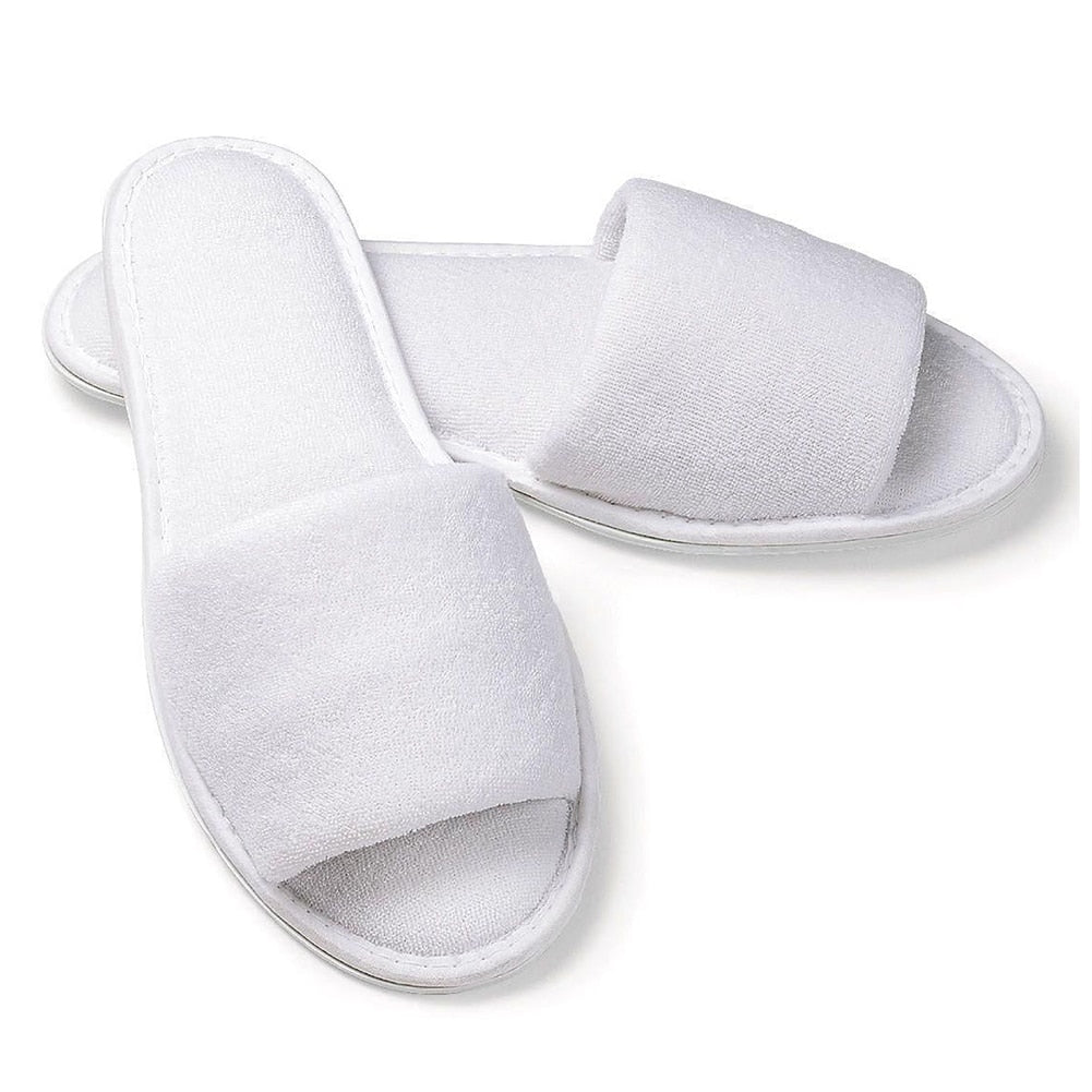 New 5 pair White Towelling Hotel Disposable Toe Slippers Terry SPA Guest Party Shoes - ebowsos