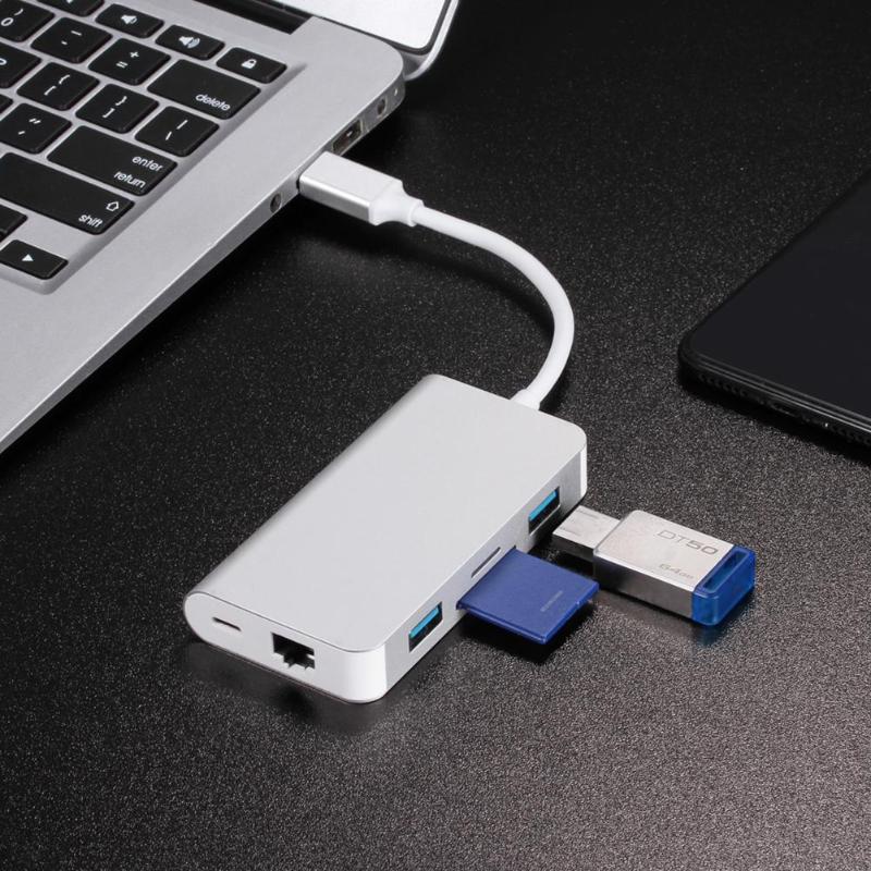 New 6 in 1 Type C USB 3.0 Hubs Type-C to 2xUSB3.0 RJ45 SD TF Card PD Charging Port Adapter Cable Converter for Laptop Macbook - ebowsos