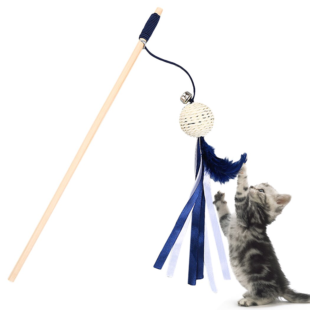 New Cat Wood Rod Funny Cat Stick With Bell Feather Paper Rope Ball Toy Pet Interactive Toy Supplies-ebowsos