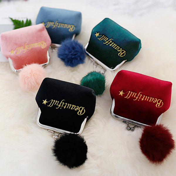 New Fashion Women Velvet Lovely Small Wallet Cute Fur Ball Lady Daily Use Travel Hasp Retro Kids Mini Bags Soft Wallet For gir - ebowsos