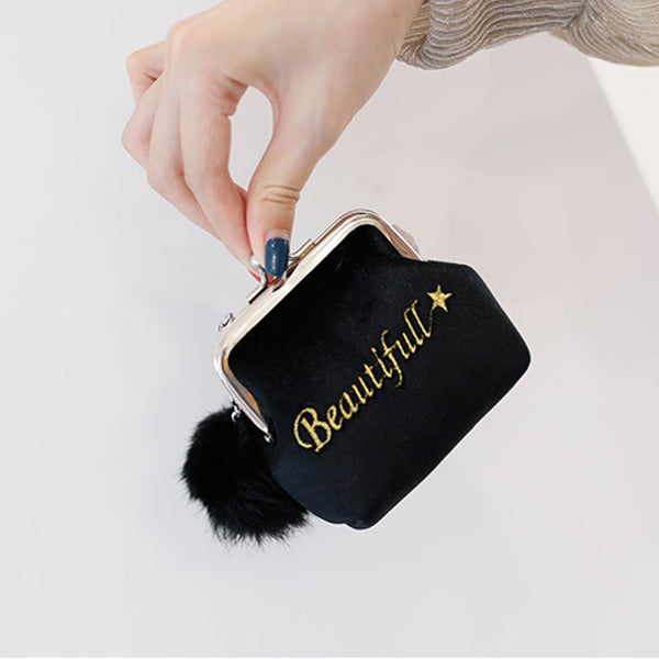 New Fashion Women Velvet Lovely Small Wallet Cute Fur Ball Lady Daily Use Travel Hasp Retro Kids Mini Bags Soft Wallet For gir - ebowsos