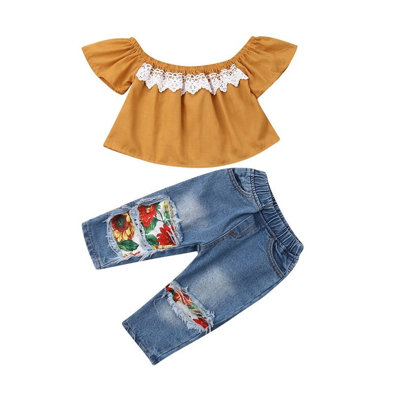 New Kids Baby Girl Clothes Off Shoulder Tops Jeans Denim Pants 2Pcs Outfits - ebowsos