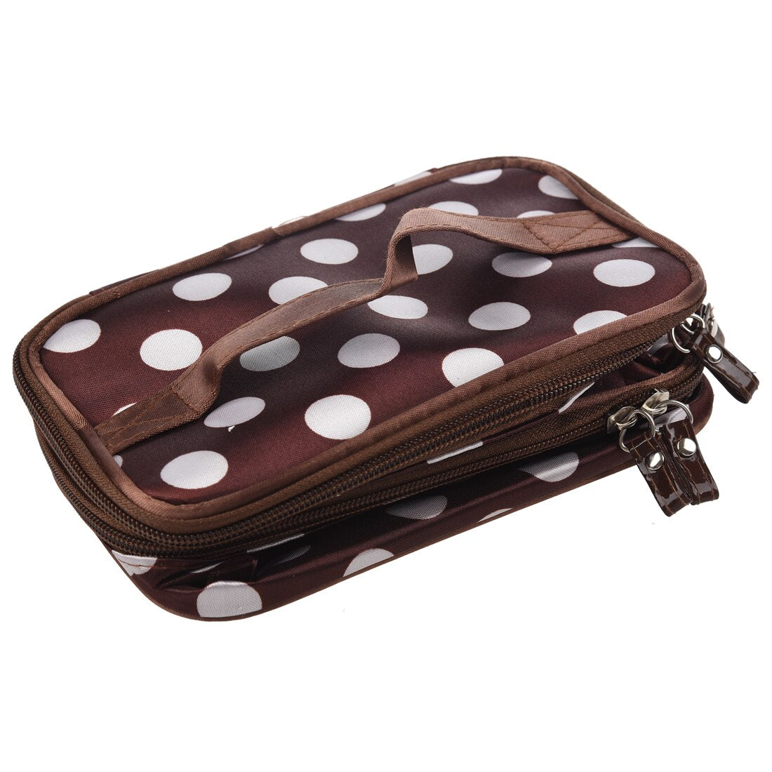 New Lovely Brown Unique Dots Pattern Double Layer Cosmetic Bag Girls Travel - ebowsos