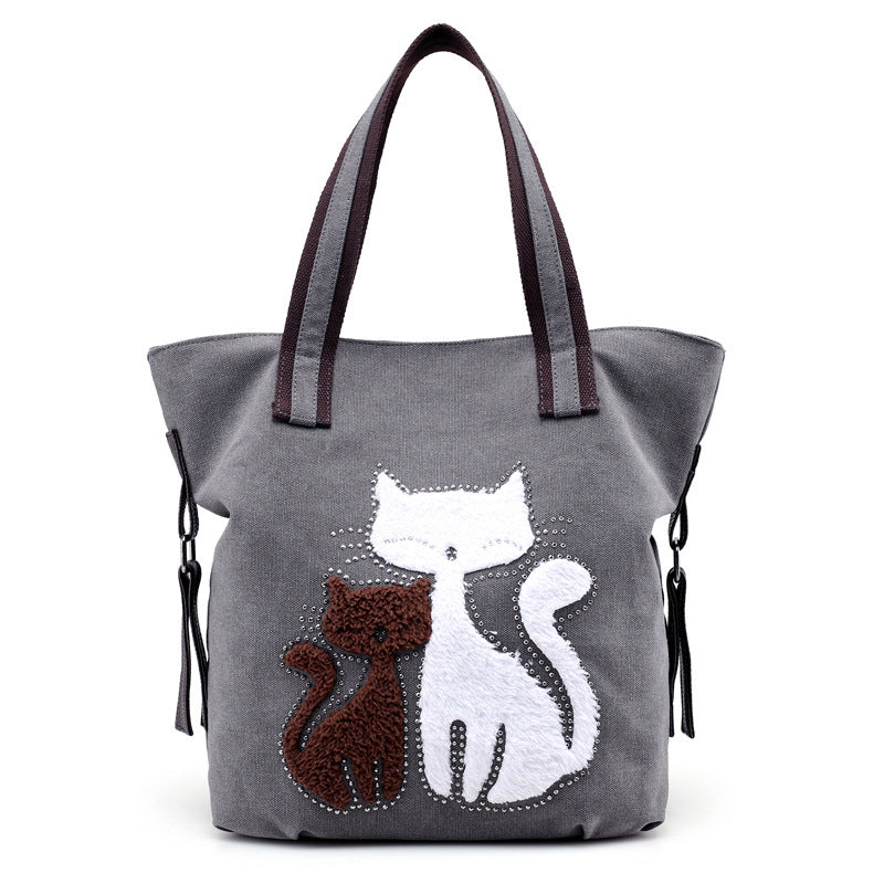 New Lovely Canvas Cat Tote Bag Casual Handbag Shopping Bag Shoulder Bags Large Totes(gray) - ebowsos
