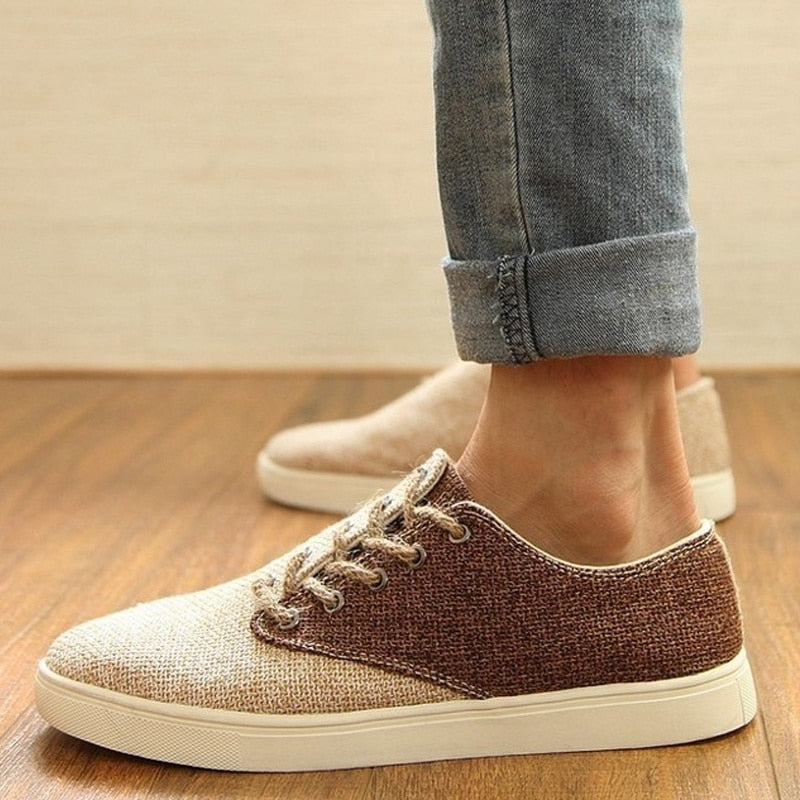 New Men's casual canvas shoes linen college style personality lace Board Shoes flat shoes - ebowsos