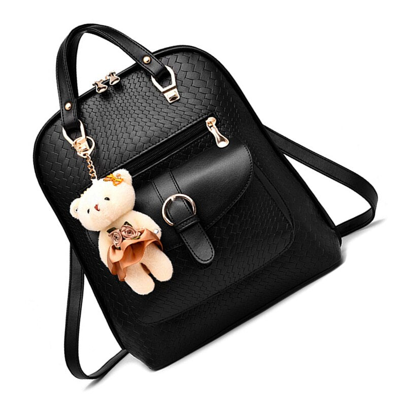 New New Casual Girls Backpack PU Leather Fashion Women Backpack School Travel Bag With Bear Doll For Teenagers Girls - ebowsos