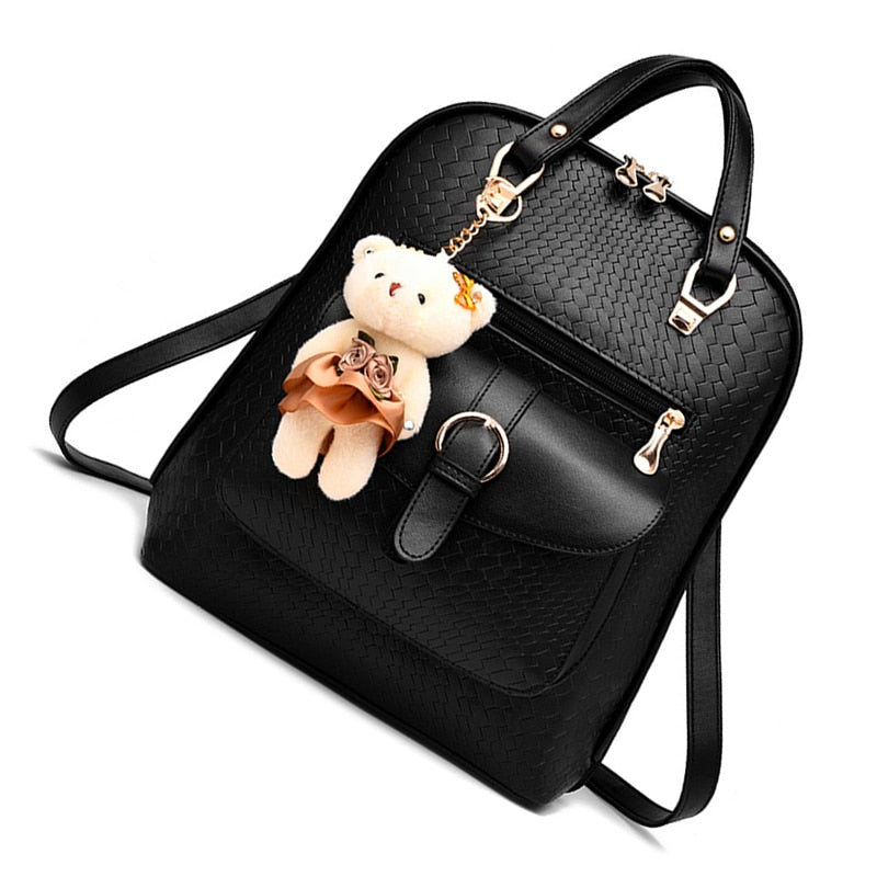 New New Casual Girls Backpack PU Leather Fashion Women Backpack School Travel Bag With Bear Doll For Teenagers Girls - ebowsos