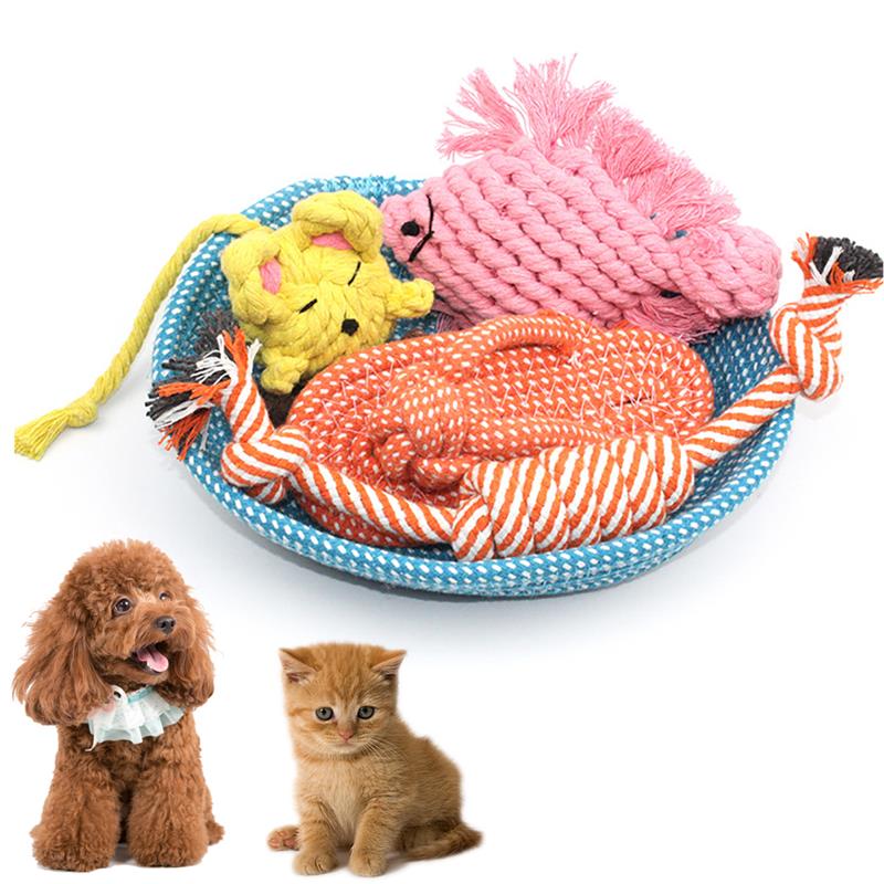New Pet Knot Toy Set Bite Resistant Cotton Cat Training Chewing Toys Interactive Toys with Storage Basket-ebowsos