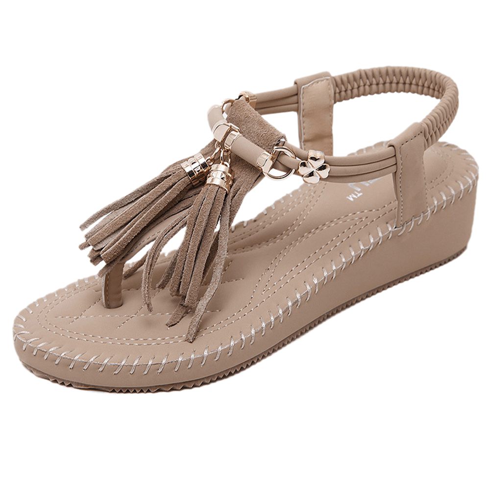New SIKETU Summer Women Bohemian Wedge Flip Flops Tassel Soft Sole Beach Sandals with Fringe Straps - ebowsos
