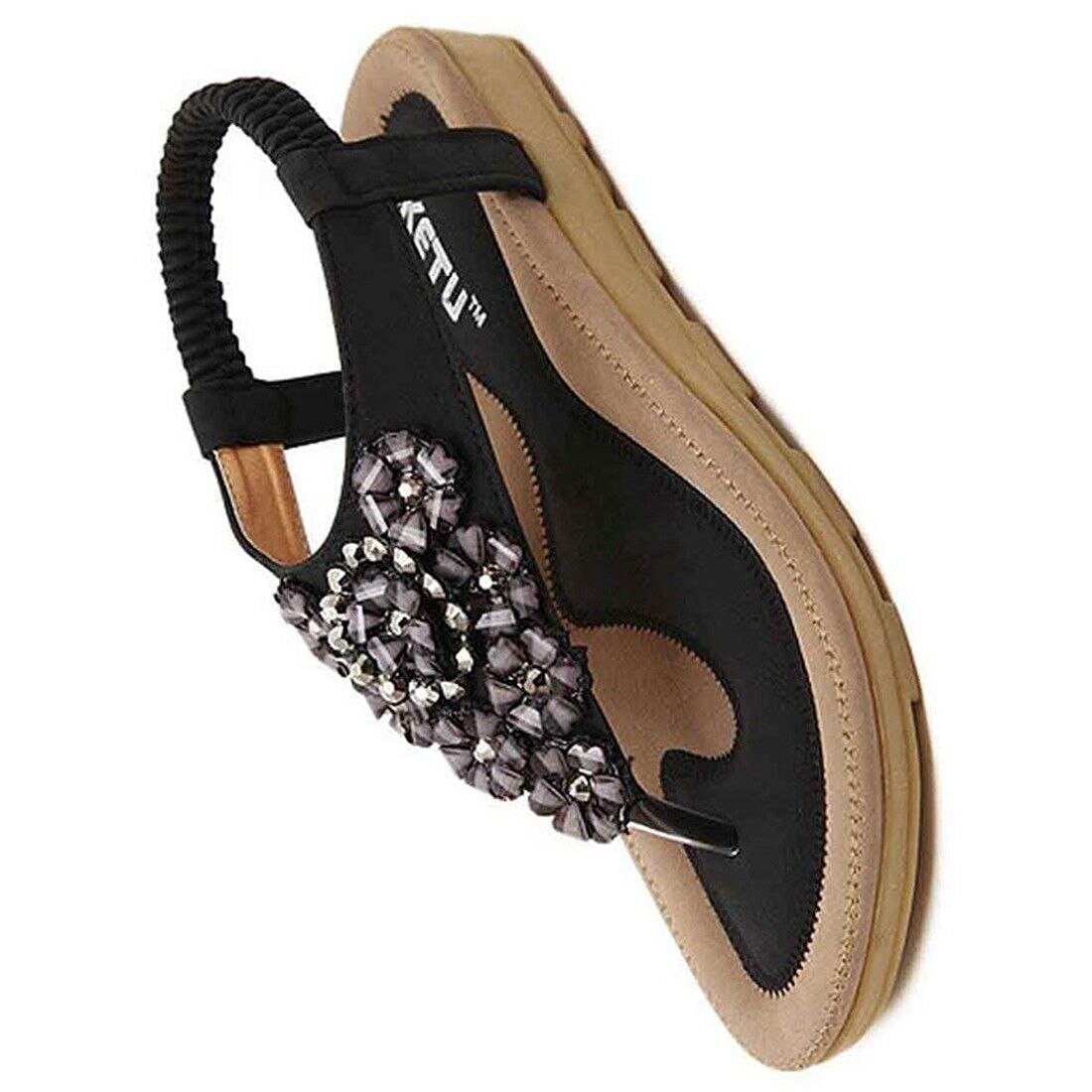 New SIKETU Women Summer Beaded Flower Flats Herringbone Sandals Beach Shoes - ebowsos