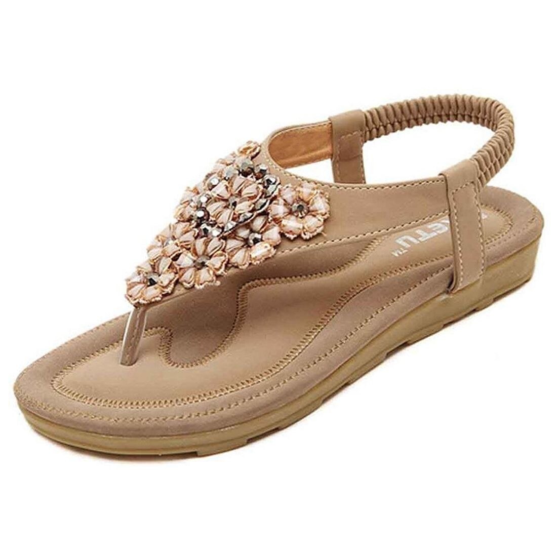 New SIKETU Women Summer Beaded Flower Flats Herringbone Sandals Beach Shoes - ebowsos