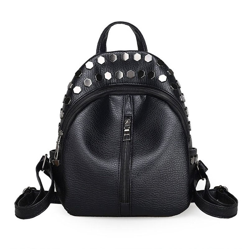New Small Women Backpacks Rivet Zipper Pu Leather Student Backpack Fashion Bag Girls Women's Backpack - ebowsos