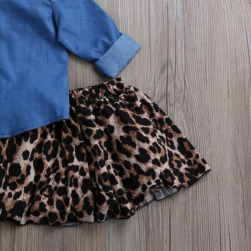 New Style Baby Girls Clothes Sets Denim Shirt And Leopard Print Skirt Kids Clothes For Girls Spring - ebowsos